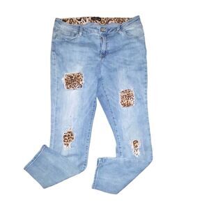 bebe Light Blue Straight Leg Jeans with Leopard Accents